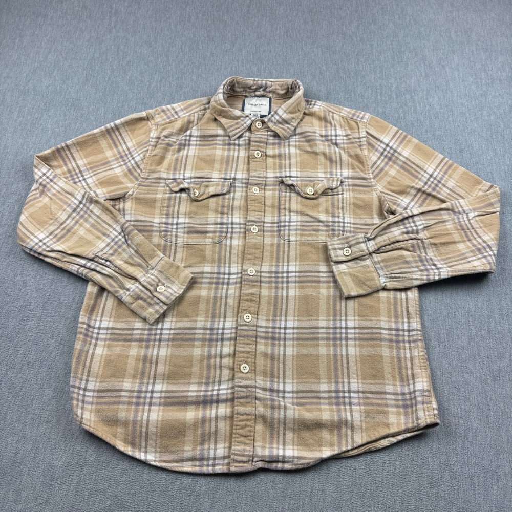 American Eagle Shirt Mens Medium Beige Plaid Flannel Super Soft Button Up Casual